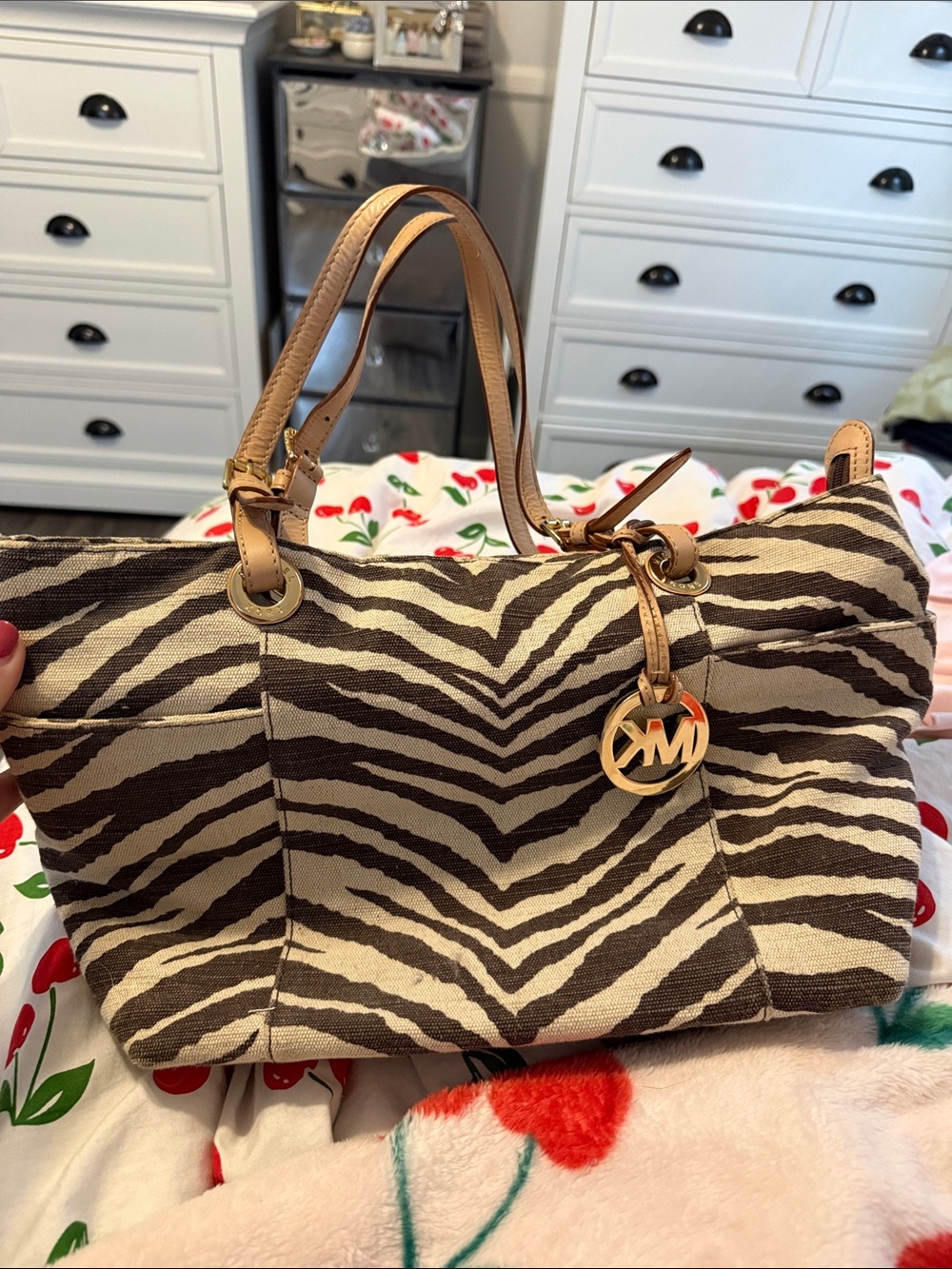 Michael Kors Beige and Brown Zebra-Print Tote with Gold MK Charm